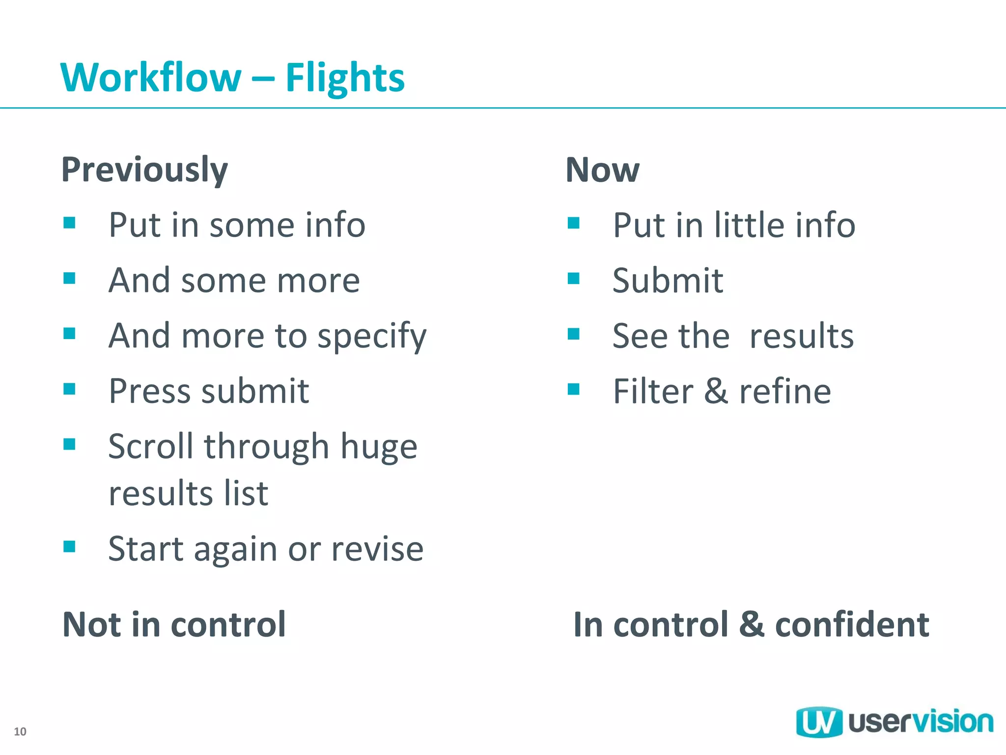 Workflow – Flights
Previously
 Put in some info
 And some more
 And more to specify
 Press submit
 Scroll through huge
results list
 Start again or revise
Not in control
10

Now
 Put in little info
 Submit
 See the results
 Filter & refine

In control & confident

 