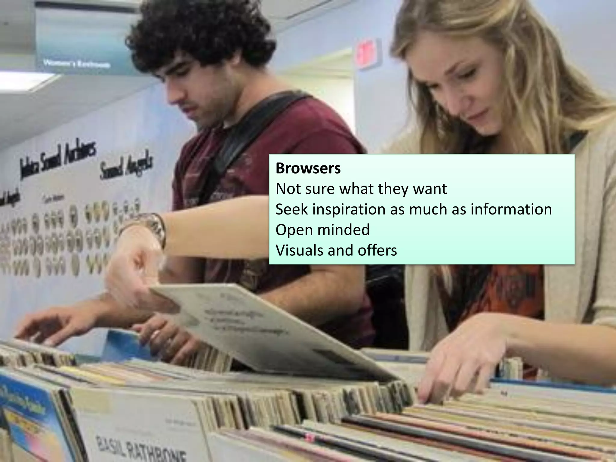 Browsers

Browsers
Not sure what they want
Seek inspiration as much as information
Open minded
Visuals and offers

12

 