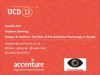 Session	
  A11
Stephen	
  Denning
Shapes	
  &	
  Patterns:	
  The	
  Role	
  of	
  Pre-­‐Attentive	
  Psychology	
  in	
  Design
stephen@uservision.co.uk	
  
@steve_denning	
  	
  	
  @uservision	
  
@ucduk	
  #ucd2013	
  

syntagm

 