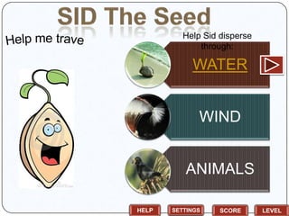 Help Sid disperse
through:

WATER
WIND
ANIMALS
HELP

SETTINGS

SCORE

LEVEL

 