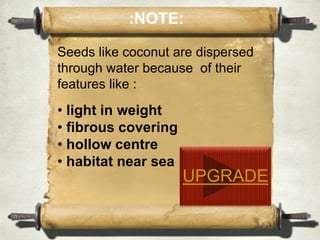 :NOTE:
Seeds like coconut are dispersed
through water because of their
features like :

• light in weight
• fibrous covering
• hollow centre
• habitat near sea

UPGRADE

 
