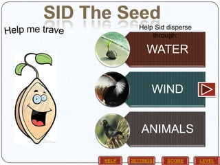 Help Sid disperse
through:

WATER
WIND
ANIMALS
HELP

SETTINGS

SCORE

LEVEL

 