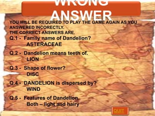 WRONG
ANSWER

YOU WILL BE REQUIRED TO PLAY THE GAME AGAIN AS YOU
ANSWERED INCORECTLY.
THE CORRECT ANSWERS ARE.

Q.1 - Family name of Dandelion?
ASTERACEAE
Q.2 - Dandelion means teeth of.
LION

Q.3 - Shape of flower?
DISC
Q.4 - DANDELION is dispersed by?
WIND

Q.5 - Features of Dandelion.
Both – light and hairy
QUIT

 