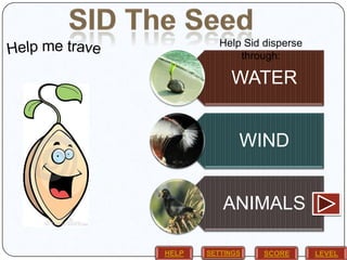 Help Sid disperse
through:

WATER
WIND
ANIMALS
HELP

SETTINGS

SCORE

LEVEL

 