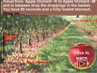 Travel from Apple Orchard –K to Apple Orchard –M
and in between drop the droppings in the basket.
You have 90 seconds and a fully loaded stomach.

Drop on….

I live in
warm
climate

 