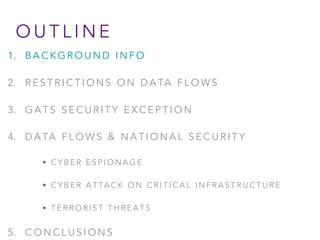 1. B A C K G R O U N D I N F O
2. R E S T R I C T I O N S O N D A TA F L O W S
3. G A T S S E C U R I T Y E X C E P T I O N
4. D A TA F L O W S & N A T I O N A L S E C U R I T Y
• C Y B E R E S P I O N A G E
• C Y B E R A T TA C K O N C R I T I C A L I N F R A S T R U C T U R E
• T E R R O R I S T T H R E A T S
5. C O N C L U S I O N S
O U T L I N E
 