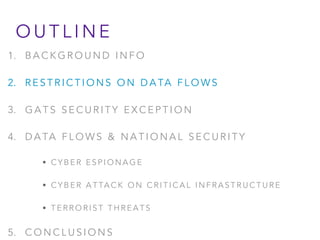 1. B A C K G R O U N D I N F O
2. R E S T R I C T I O N S O N D A TA F L O W S
3. G A T S S E C U R I T Y E X C E P T I O N
4. D A TA F L O W S & N A T I O N A L S E C U R I T Y
• C Y B E R E S P I O N A G E
• C Y B E R A T TA C K O N C R I T I C A L I N F R A S T R U C T U R E
• T E R R O R I S T T H R E A T S
5. C O N C L U S I O N S
O U T L I N E
 