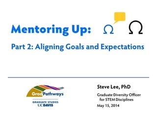 Steve Lee, PhD
Graduate Diversity Officer
for STEM Disciplines
May 15, 2014
Part 2: Aligning Goals and Expectations
Mentoring Up:
 