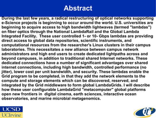Abstract During the last few years, a radical restructuring of optical networks supporting e-Science projects is beginning...