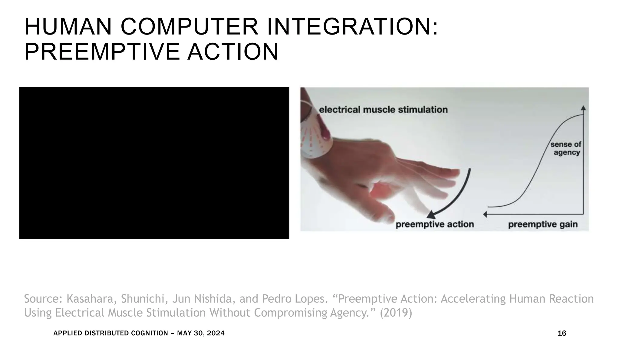 HUMAN COMPUTER INTEGRATION:
PREEMPTIVE ACTION
APPLIED DISTRIBUTED COGNITION – MAY 30, 2024 16
Source: Kasahara, Shunichi, Jun Nishida, and Pedro Lopes. “Preemptive Action: Accelerating Human Reaction
Using Electrical Muscle Stimulation Without Compromising Agency.” (2019)
 