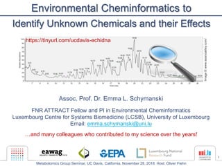 1
Environmental Cheminformatics to
Identify Unknown Chemicals and their Effects
Assoc. Prof. Dr. Emma L. Schymanski
FNR ATTRACT Fellow and PI in Environmental Cheminformatics
Luxembourg Centre for Systems Biomedicine (LCSB), University of Luxembourg
Email: emma.schymanski@uni.lu
…and many colleagues who contributed to my science over the years!
Image©www.seanoakley.com/
https://tinyurl.com/ucdavis-echidna
Metabolomics Group Seminar, UC Davis, California, November 28, 2018. Host: Oliver Fiehn
 