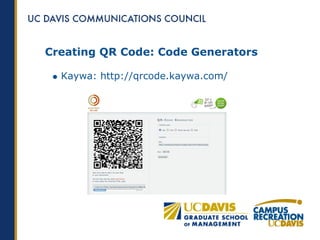 Creating QR Code: Code Generators

  Kaywa: http://qrcode.kaywa.com/
 