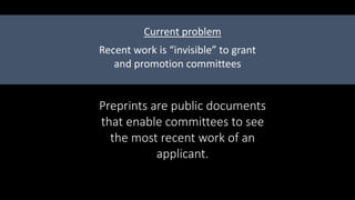 Preprints are public documents
that enable committees to see
the most recent work of an
applicant.
Recent work is “invisible” to grant
and promotion committees
Current problem
 
