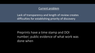 Lack of transparency and length of review creates
difficulties for establishing priority of discovery
Current problem
Preprints have a time stamp and DOI
number; public evidence of what work was
done when
 