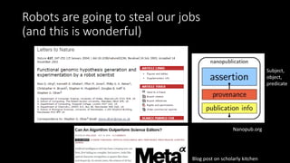 Robots are going to steal our jobs
(and this is wonderful)
Nanopub.org
Subject,
object,
predicate
Blog post on scholarly kitchen
 