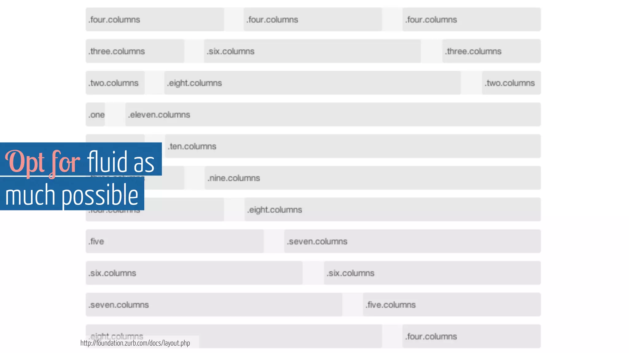 Opt for fluid as 
much possible 
http://foundation.zurb.com/docs/layout.php 
 
