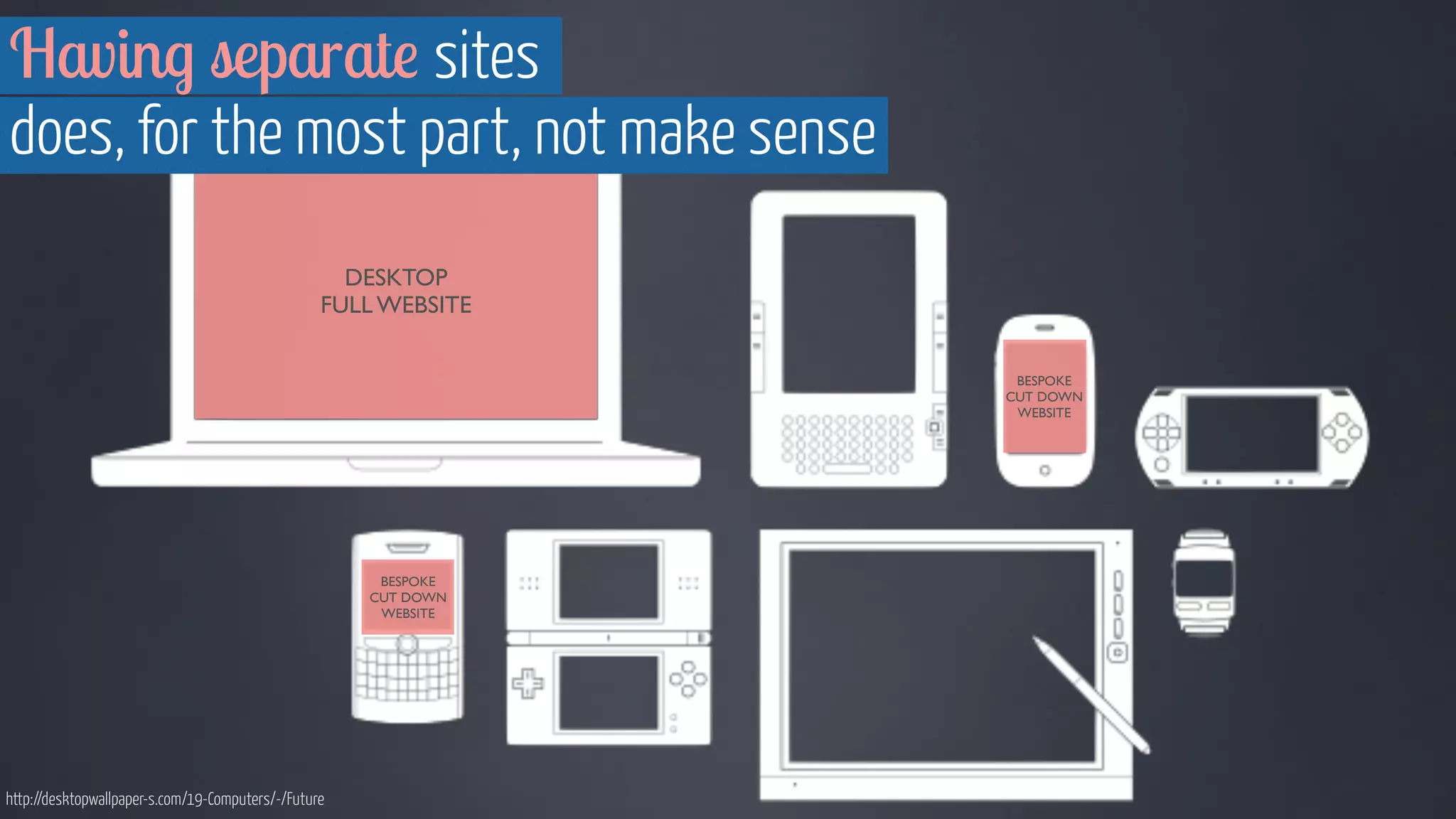Having separate sites 
does, for the most part, not make sense 
DESKTOP 
FULL WEBSITE 
BESPOKE 
CUT DOWN 
WEBSITE 
BESPOKE 
CUT DOWN 
WEBSITE 
http://desktopwallpaper-s.com/19-Computers/-/Future 
 