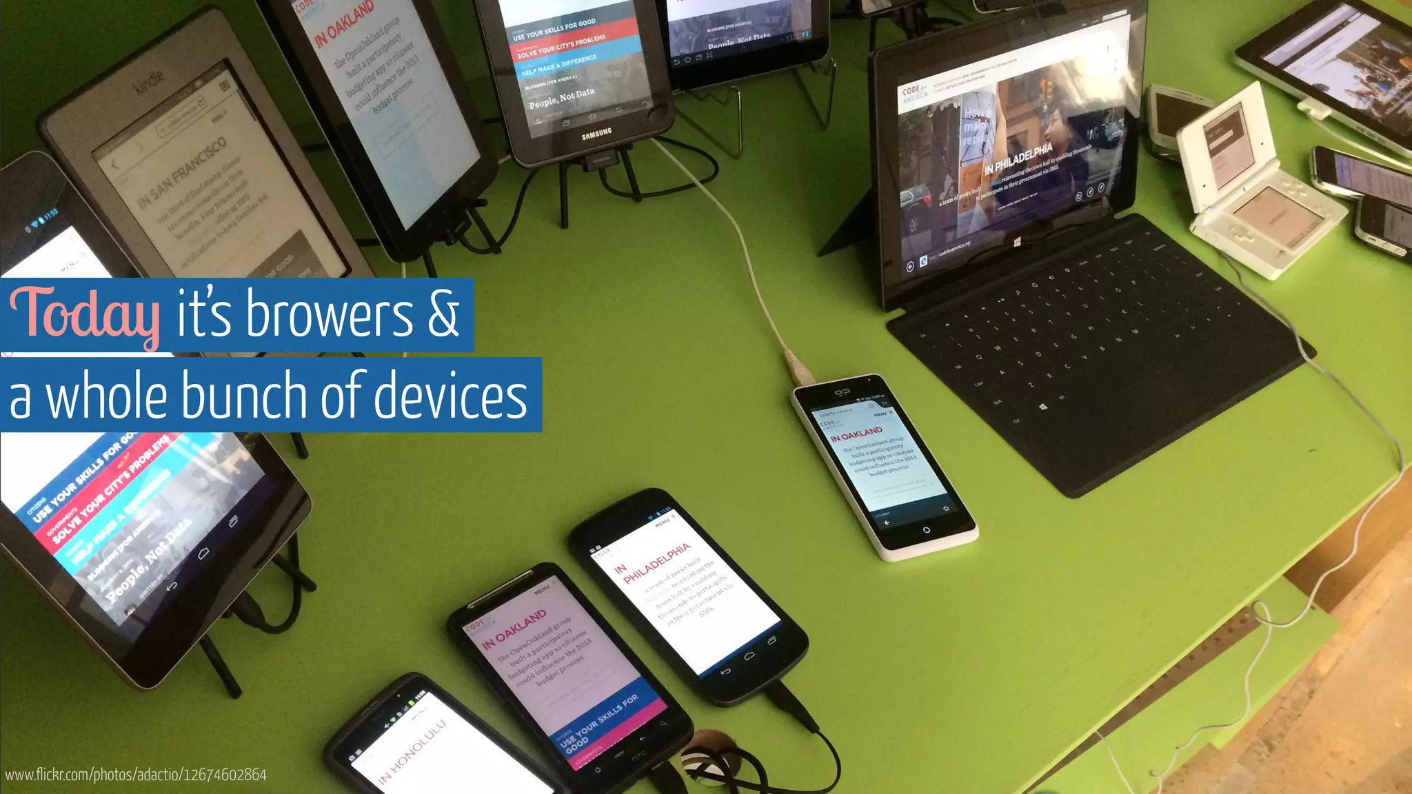 Today it’s browers & 
a whole bunch of devices 
www.flickr.com/photos/adactio/12674602864 
 