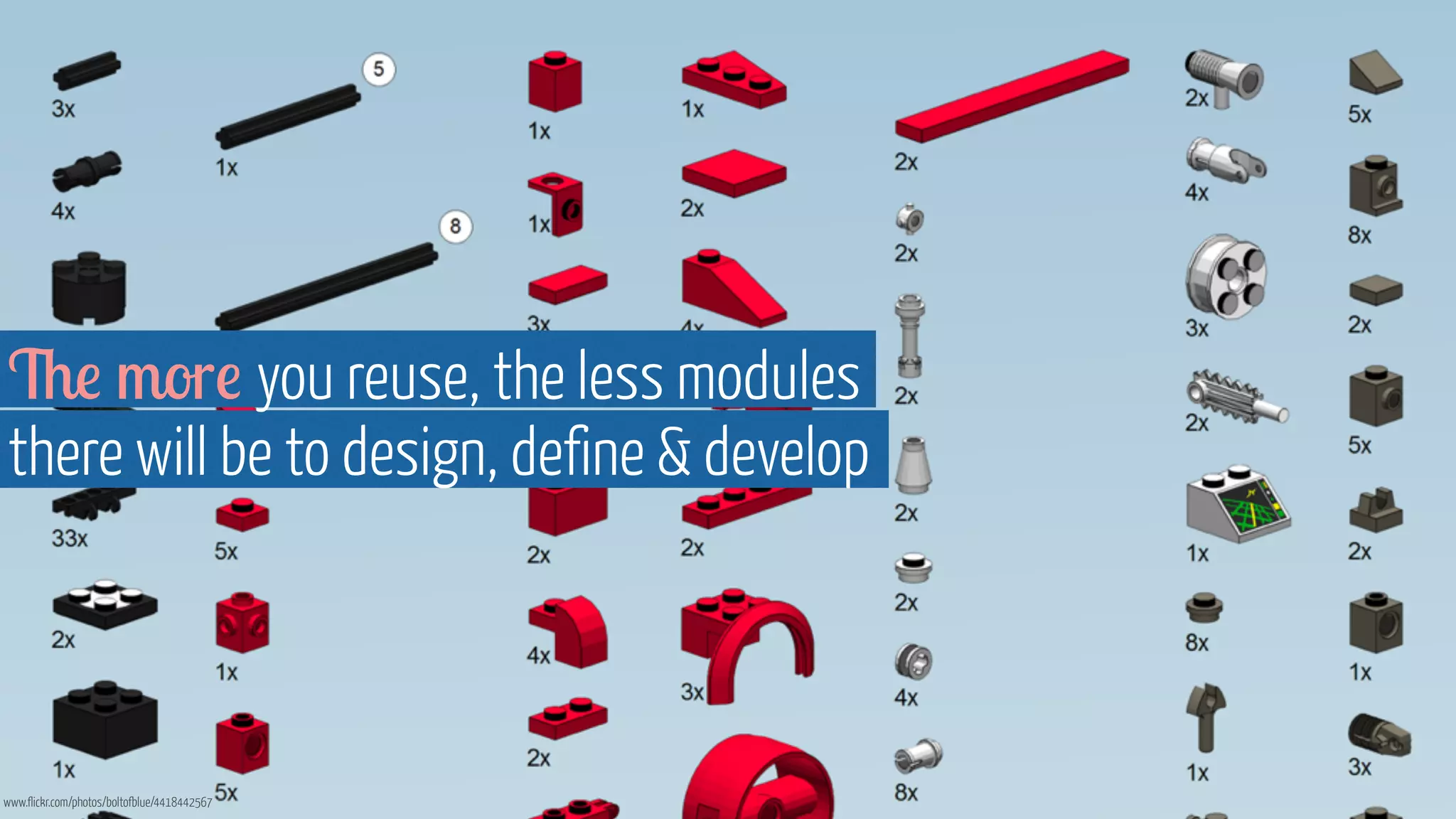 The more you reuse, the less modules 
there will be to design, define  develop 
www.flickr.com/photos/boltofblue/4418442567 
 