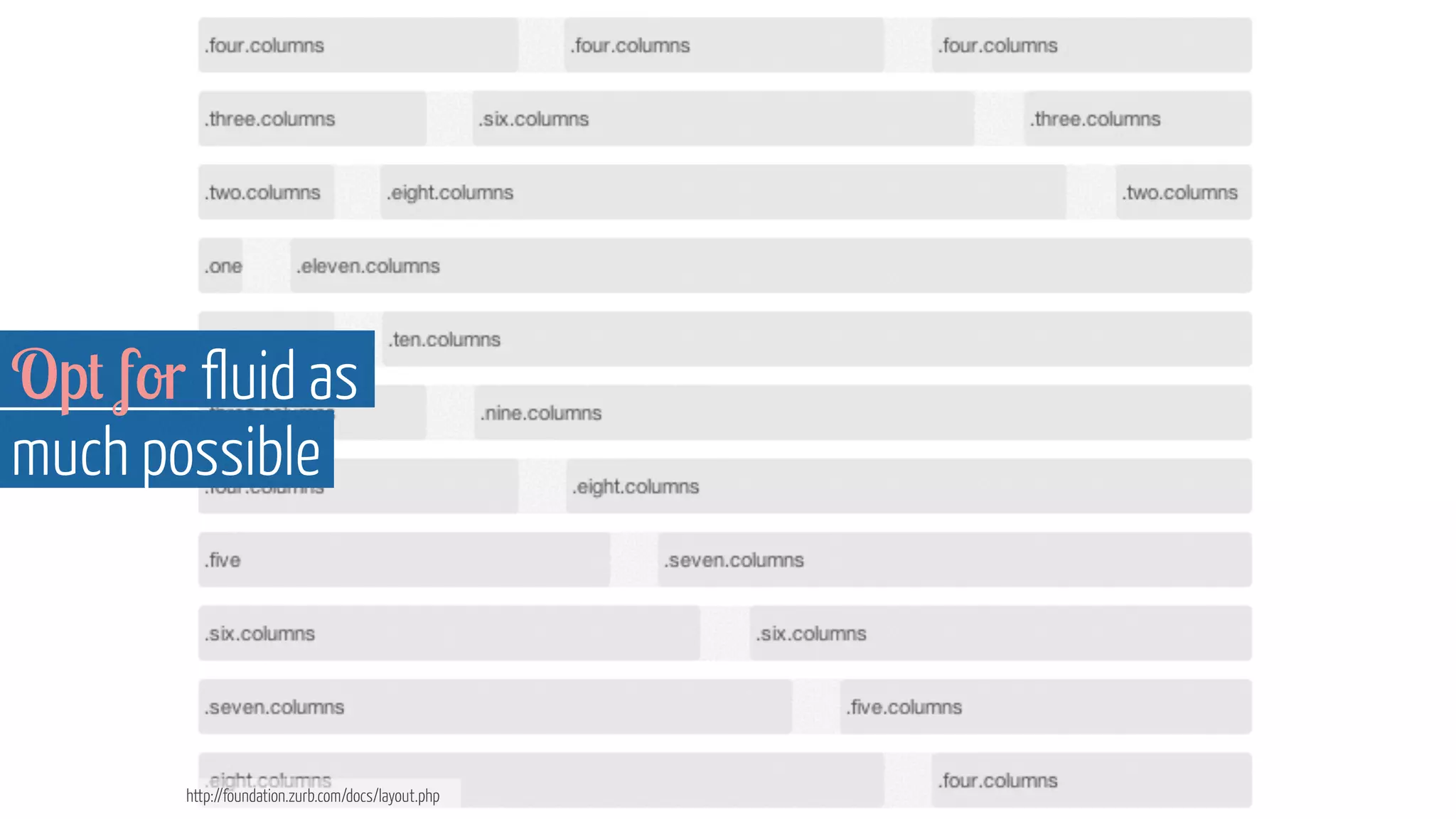 Opt for fluid as 
much possible 
http://foundation.zurb.com/docs/layout.php 
 