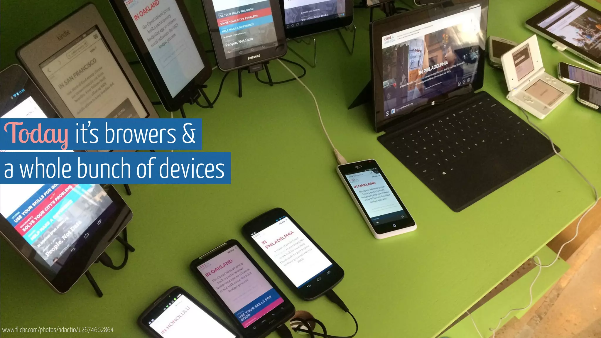 Today it’s browers & 
a whole bunch of devices 
www.flickr.com/photos/adactio/12674602864 
 