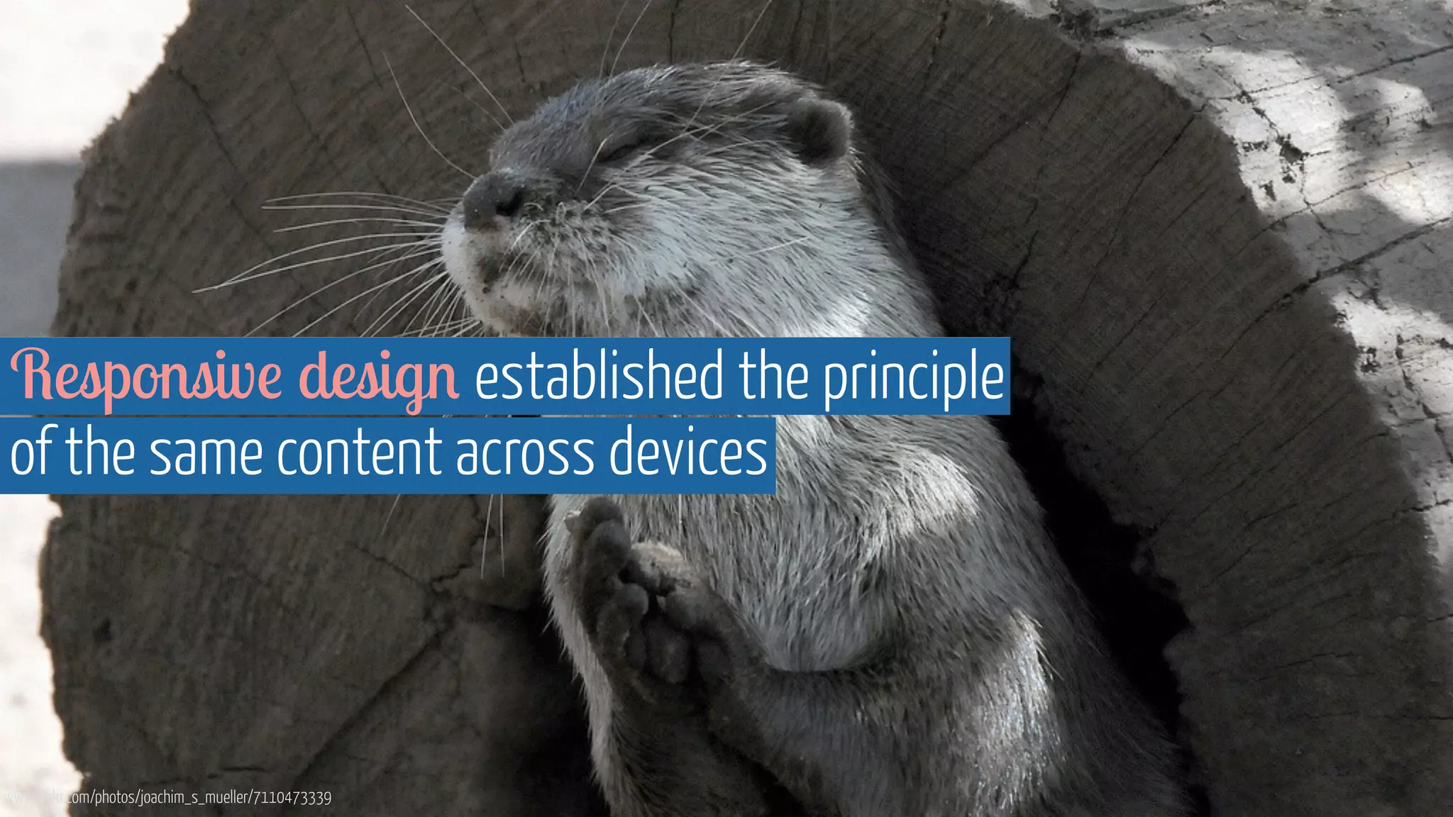 Responsive design established the principle 
of the same content across devices 
www.flickr.com/photos/joachim_s_mueller/7110473339 
 