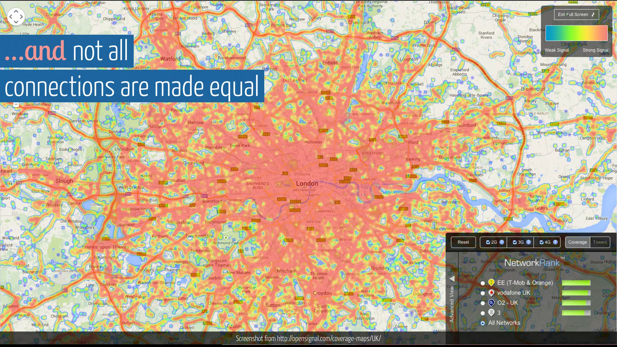 …and not all 
connections are made equal 
Screenshot from http://opensignal.com/coverage-maps/UK/ 
 