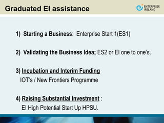 Graduated EI assistance


  1) Starting a Business: Enterprise Start 1(ES1)

  2) Validating the Business Idea: ES2 or EI one to one’s.

  3) Incubation and Interim Funding
    IOT’s / New Frontiers Programme

  4) Raising Substantial Investment :
     EI High Potential Start Up HPSU.
 