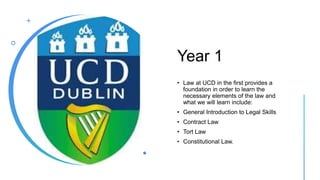 Year 1
• Law at UCD in the first provides a
foundation in order to learn the
necessary elements of the law and
what we will learn include:
• General Introduction to Legal Skills
• Contract Law
• Tort Law
• Constitutional Law.