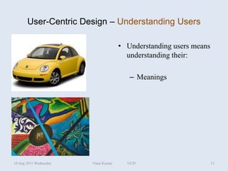 User-Centric Design – Understanding Users

                                      • Understanding users means
                                        understanding their:

                                         – Meanings




10 Aug 2011 Wednesday   Vinai Kumar     UCD                         13
 