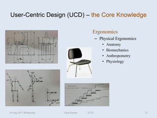 User-Centric Design (UCD) – the Core Knowledge

                                        Ergonomics
                                            – Physical Ergonomics
                                               •   Anatomy
                                               •   Biomechanics
                                               •   Anthropometry
                                               •   Physiology




10 Aug 2011 Wednesday   Vinai Kumar   UCD                           23
 