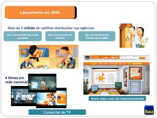 Lançamento em 2004 Uso Consciente da Conta corrente Uso Consciente do Crédito Uso Consciente do Cartão de Crédito Comercial de TV www.itau.com.br/usoconsciente Mais de  1 milhão  de cartilhas distribuídas nas agências 4 filmes em rede nacional 