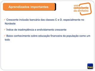 Crescente inclusão bancária das classes C e D, especialmente no Nordeste Índice de inadimplência e endividamento crescente Baixo conhecimento sobre educação financeira da população como um todo Aprendizados importantes  