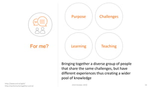 For me?
Bringing together a diverse group of people
that share the same challenges, but have
different experiences thus creating a wider
pool of knowledge
23rd October 2019 14
Teaching
ChallengesPurpose
Learning
http://www.ucd.ie/agile/
http://worksmartertogether.ucd.ie/
 