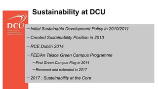 Sustainability at DCU
－Initial Sustainable Development Policy in 2010/2011
－Created Sustainability Position in 2013
－RCE Dublin 2014
－FEE/An Taisce Green Campus Programme
－First Green Campus Flag in 2014
－Renewed and extended in 2017
－2017 : Sustainability at the Core
 