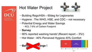 Hot Water Project
－Building Regs/HSA – 60deg for Legionaries
－Hygiene : The WHO, HSE, and CDC – not necessary
－Potential Energy and Water Savings
－KCL 7-8% of Carbon Footprint
－Survey
－90% reported washing hands! (Recent report – 3%!)
－Hot Water : 40% Perceived Hygiene 40% Comfort
－Behaviour Change !
 