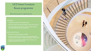 UCD SmartFurniture
Reuse programme
When a leanerprocess is a greenerprocess
Challenges:
• Increased pressure in storage space
• What we keep? What we dispose? Who will reuse it?
• The reuse process was time consuming for Estate
Services staff and for the customer
What we want to do:
• Reduce the waste going to landfill
• Increase capacity of furniture reuse by making the
furniture more visible to staff and greater community.
• Life-Cycle assessment: Identify reuse trends: size,
quality, type of furniture. etc
 