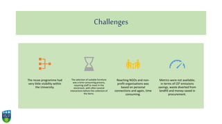 Challenges
The reuse programme had
very little visibility within
the University.
The selection of suitable furniture
was a time-consuming process,
requiring staff to meet in the
storeroom, with often several
interactions before the collection of
the items.
Reaching NGOs and non-
profit organisations was
based on personal
connections and again, time
consuming.
Metrics were not available;
in terms of C02 emissions
savings, waste diverted from
landfill and money saved in
procurement.
 