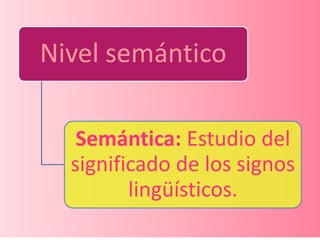 Nivel semántico

   Semántica: Estudio del
  significado de los signos
         lingüísticos.
 