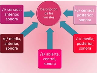/i/ cerrada,   Descripción    /u/ cerrada,
  anterior,       de las
                 vocales
                               posterior,
   sonora                       sonora



/e/ media,                    /o/ media,
 anterior,                     posterior,
  sonora                        sonora
               /a/ abierta,
                 central,
                 sonora
 