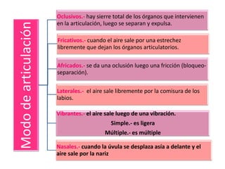 Oclusivos.- hay sierre total de los órganos que intervienen
                       en la articulación, luego se separan y expulsa.
Modo de articulación
                       Fricativos.- cuando el aire sale por una estrechez
                       libremente que dejan los órganos articulatorios.

                       Africados.- se da una oclusión luego una fricción (bloqueo-
                       separación).

                       Laterales.- el aire sale libremente por la comisura de los
                       labios.

                       Vibrantes.- el aire sale luego de una vibración.
                                            Simple.- es ligera
                                          Múltiple.- es múltiple

                       Nasales.- cuando la úvula se desplaza asía a delante y el
                       aire sale por la nariz
 