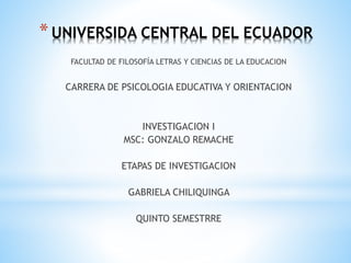 *UNIVERSIDA CENTRAL DEL ECUADOR
FACULTAD DE FILOSOFÍA LETRAS Y CIENCIAS DE LA EDUCACION
CARRERA DE PSICOLOGIA EDUCATIVA Y ORIENTACION
INVESTIGACION I
MSC: GONZALO REMACHE
ETAPAS DE INVESTIGACION
GABRIELA CHILIQUINGA
QUINTO SEMESTRRE
 