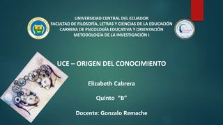 UNIVERSIDAD CENTRAL DEL ECUADOR
FACULTAD DE FILOSOFÍA, LETRAS Y CIENCIAS DE LA EDUCACIÓN
CARRERA DE PSICOLOGÍA EDUCATIVA Y ORIENTACIÓN
METODOLOGÍA DE LA INVESTIGACIÓN I
UCE – ORIGEN DEL CONOCIMIENTO
Elizabeth Cabrera
Quinto “B”
Docente: Gonzalo Remache
 