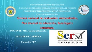 UNIVERSIDAD CENTRAL DEL ECUADOR
FACULTAD DE FILOSOFÍA, LETRAS Y CIENCIAS DE LA EDUCACIÓN
CARRERA DE PSICOLOGÍA EDUCATIVA Y ORIENTACIÓN
EVALUACIÓN EDUCATIVA
Sistema nacional de evaluación: Antecedentes,
Plan decenal de educación, Base legal y
estructura.
DOCENTE: MSc. Gonzalo Remache
ELIZABETH CABRERA
Curso: 5to “B”
 