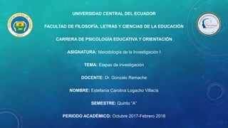 UNIVERSIDAD CENTRAL DEL ECUADOR
FACULTAD DE FILOSOFÍA, LETRAS Y CIENCIAS DE LA EDUCACIÓN
CARRERA DE PSICOLOGÍA EDUCATIVA Y ORIENTACIÓN
ASIGNATURA: Metodología de la Investigación I
TEMA: Etapas de investigación
DOCENTE: Dr. Gonzalo Remache
NOMBRE: Estefanía Carolina Logacho Villacís
SEMESTRE: Quinto “A”
PERIODO ACADÉMICO: Octubre 2017-Febrero 2018
 