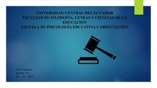 UNIVERSIDAD CENTRAL DEL ECUADOR
FACULTAD DE FILODOFÍA, LETRAS Y CIENCIAS DE LA
EDUCACIÓN
ESCUELA DE PSICOLOGÍA EDCUATIVA Y ORIENTACIÓN
José Vinueza
Quinto “A”
24 – 10 – 2018
 