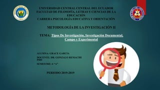 UNIVERSIDAD CENTRAL CENTRAL DEL ECUADOR
FACULTAD DE FILOSOFÍA, LETRAS Y CIENCIAS DE LA
EDUCACIÓN
CARRERA PSICOLOGÍA EDUCATIVA Y ORIENTACIÓN
ALUMNA: GRACE GARCÍA
DOCENTE: DR. GONZALO REMACHE
PHD
SEMESTRE: 6 “A”
PERIODO 2019-2019
METODOLOGÍA DE LA INVESTIGACIÓN II
TEMA: Tipos De Investigación, Investigación Documental,
Campo y Experimental
 