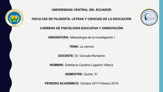 UNIVERSIDAD CENTRAL DEL ECUADOR
FACULTAD DE FILOSOFÍA, LETRAS Y CIENCIAS DE LA EDUCACIÓN
CARRERA DE PSICOLOGÍA EDUCATIVA Y ORIENTACIÓN
ASIGNATURA: Metodología de la Investigación I
TEMA: La ciencia
DOCENTE: Dr. Gonzalo Remache
NOMBRE: Estefanía Carolina Logacho Villacís
SEMESTRE: Quinto “A”
PERIODO ACADÉMICO: Octubre 2017-Febrero 2018
 