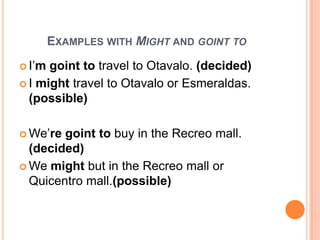 EXAMPLES WITH MIGHT AND GOINT TO
 I’m goint to travel to Otavalo. (decided)
 I might travel to Otavalo or Esmeraldas.
  (possible)

 We’re goint to buy in the Recreo mall.
  (decided)
 We might but in the Recreo mall or
  Quicentro mall.(possible)
 
