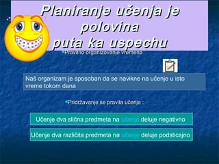 Planiranje učenPlaniranje učen јјa jea je
polovinapolovina
puta ka uspechuputa ka uspechuPravilno organizovanje vremenaPravilno organizovanje vremena
Naš organizam je sposoban da se navikne na učenje u isto
vreme tokom dana
Pridržavanje se pravila učenja :Pridržavanje se pravila učenja :
Učenje dva slična predmeta na učenje deluje negativno
Učenje dva različita predmeta na učenje deluje podsticajno
 